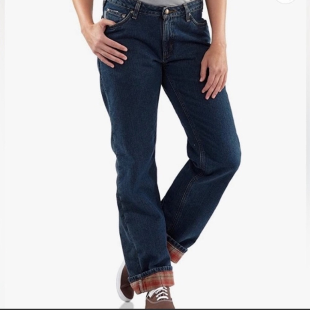 CARHARTT Women's Relaxed Fit Straight Leg Red Plaid Flannel Lined Jeans 8